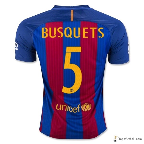 Camiseta Barcelona Replica Primera Ropa Busquets 2016/17 Azul